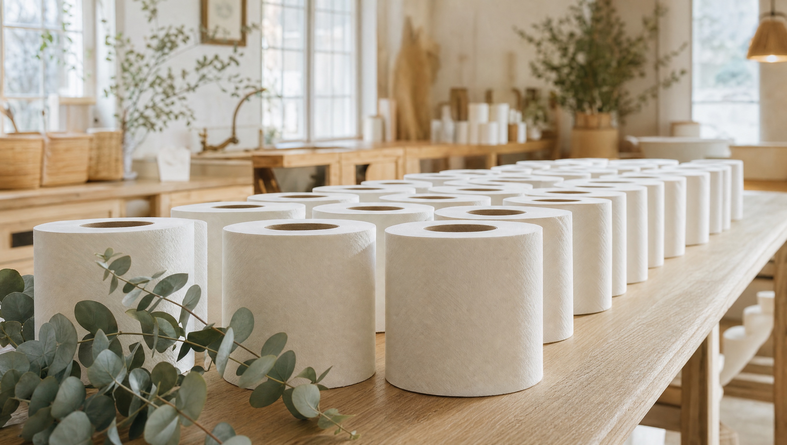 Rows of premium unbranded DaisyRoll tissue in a warm, sunlit Toronto workshop